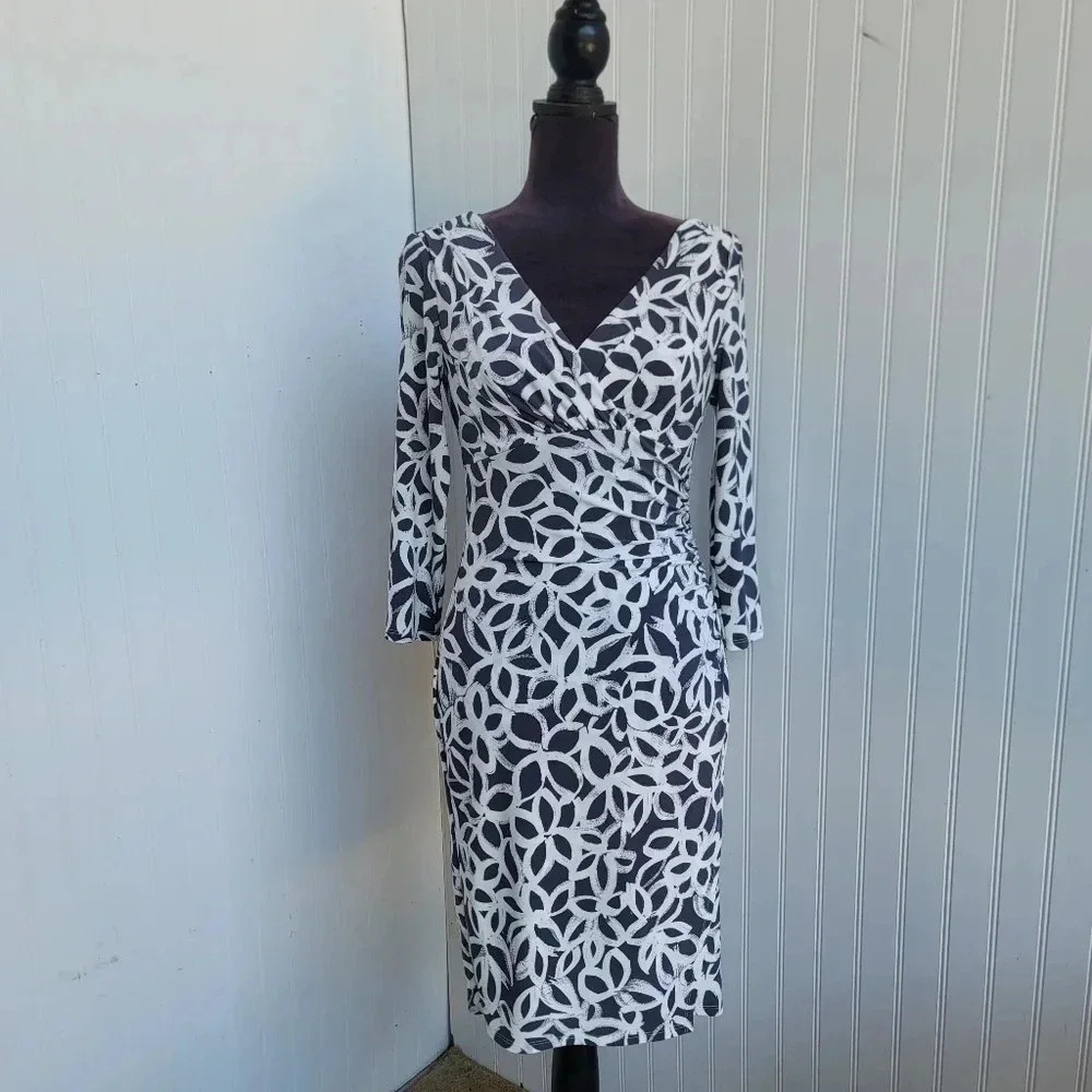 Lauren Ralph Lauren Gray White Printed Surplice Faux Wrap Dress Womens Stretch 2